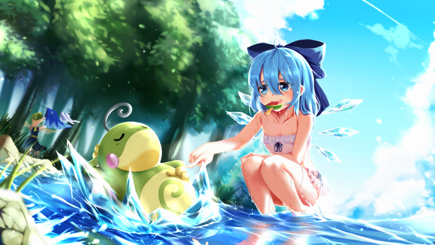 2girls bikini blue_eyes blue_hair bow character_request cirno clouds daiyousei drying_clothes food food_in_mouth green_hair hair_bow highres ice_cream multiple_girls pokemon pokemon_(creature) politoed short_hair sky sleeping squatting summer swimsuit tendo_(zhazhatiantong) touhou tree water wet