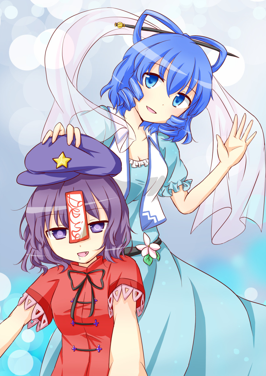 2girls :d blue_hair cleavage cloth drooling fang hand_on_another's_hat hat highres jiangshi kaku_seiga miyako_yoshika multiple_girls ofuda open_mouth outstretched_arms puchimirin puffy_short_sleeves puffy_sleeves purple_hair see-through short_hair short_sleeves smile touhou violet_eyes zombie_pose