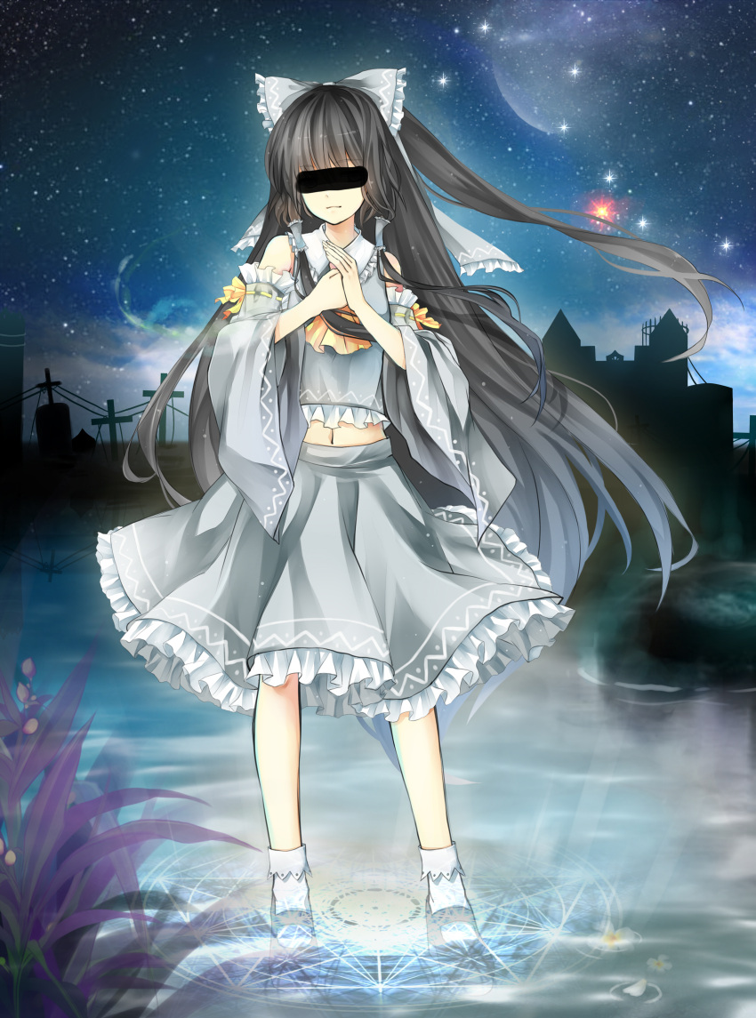 1girl absurdres alternate_color ascot black_hair bow censored clenched_hand detached_sleeves gyaza hair_bow hair_ribbon hakurei_reimu highres identity_censor long_hair looking_at_viewer ribbon smirk solo standing tagme touhou wind