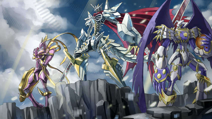 armor cape claws cliff clothes clouds digimon dk_(13855103534) dual_wielding dynasmon flower head_wings highres horn horns jesmon lordknightmon multiple_swords no_humans red_eyes rose sash shield sky spikes sunlight sword tail torn_wings weapon wings