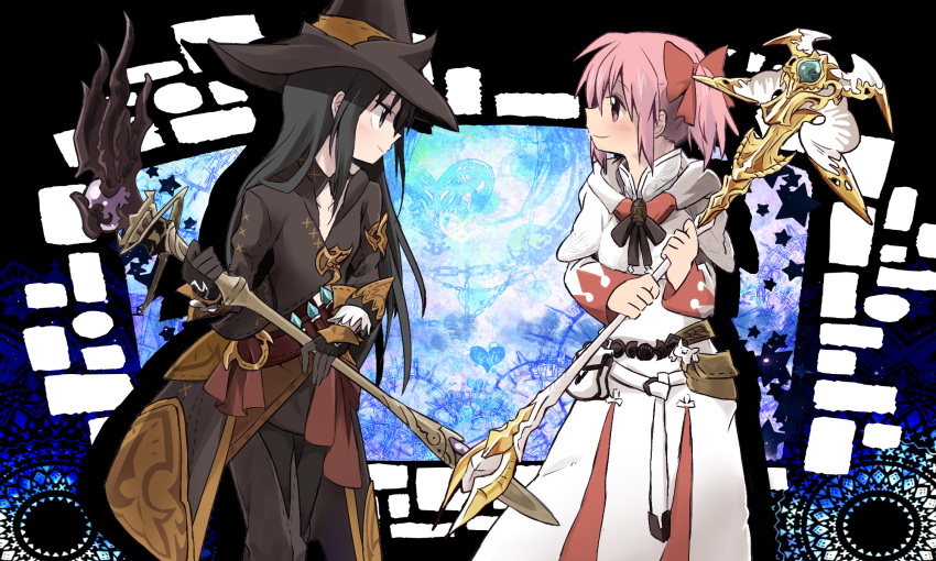 2girls akemi_homura black_hair bow eye_contact hair_bow hat highres iwashi_(ankh) kaname_madoka long_hair looking_at_another mahou_shoujo_madoka_magica multiple_girls pink_hair short_hair short_twintails smile tagme twintails violet_eyes witch_hat