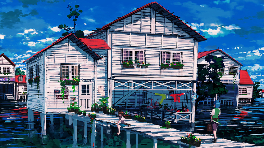 animal_ears boat-house clothesline clouds dappled_sunlight door fishing flower highres house jetty original planter rooftop scenery shadow slats stairs stilts tree water window window-box