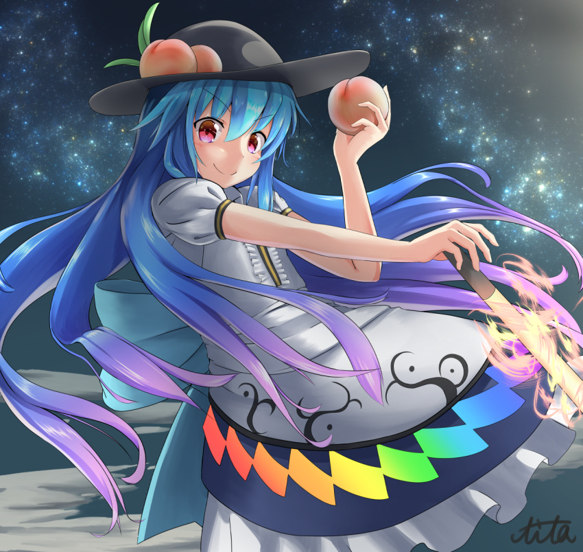 1girl above_clouds blue_hair food fruit hat highres hinanawi_tenshi layered_dress leaf long_hair night night_sky peach puffy_short_sleeves puffy_sleeves red_eyes short_sleeves signature sky smile soba_chatarou_(tita) solo sword_of_hisou touhou very_long_hair