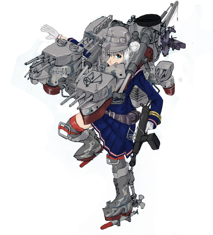 1girl absurdres belt blue_dress blue_eyes boots cross-laced_footwear dress full_body gloves grey_legwear gun hat highres hms_nelson holding kantai_collection kneehighs long_sleeves machinery military military_uniform original outstretched_arm short_hair simple_background solo torpedo turret uniform walkure_(w-alkur-e) weapon white_background white_gloves white_hair