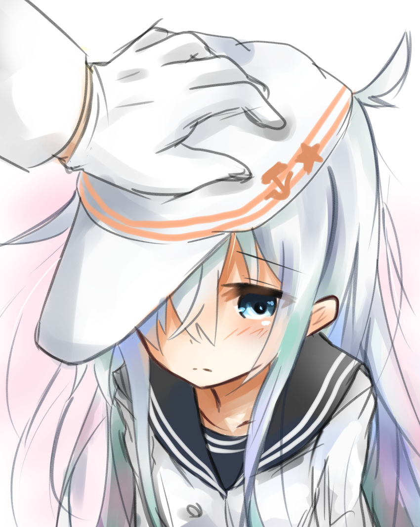 1boy 1girl admiral_(kantai_collection) blue_eyes blush bust eve_(kenzen) gloves hair_over_one_eye hammer_and_sickle hat hibiki_(kantai_collection) highres kantai_collection long_hair petting silver_hair solo_focus star verniy_(kantai_collection) white_gloves