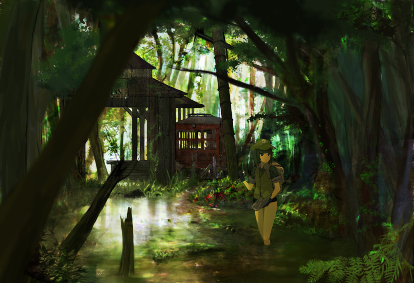1girl blue_eyes blue_hair book branch brown_gloves collared_shirt forest gloves grass hair_bobbles hair_ornament hat jewelry kawashiro_nitori key key_necklace lamppost light_rays looking_away nature notebook open_mouth partially_submerged plant pocket reflection scenery shirt short_hair short_sleeves sleeves_rolled_up solo station sunbeam sunlight swimsuit swimsuit_under_clothes touhou train tree tree_branch twintails vest wading water white_background