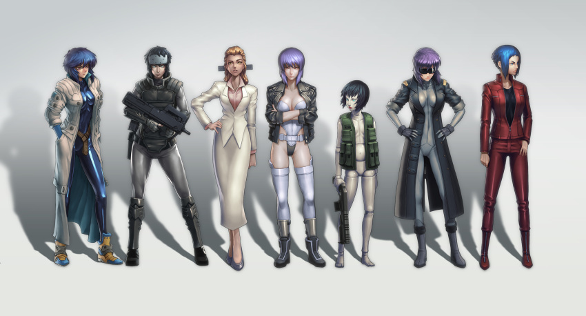 6+girls blue_eyes breasts cleavage ghost_in_the_shell ghost_in_the_shell_arise ghost_in_the_shell_lineup ghost_in_the_shell_stand_alone_complex grey_background highres ikegami_noroshi jacket kusanagi_motoko long_hair multiple_girls purple_hair sunglasses