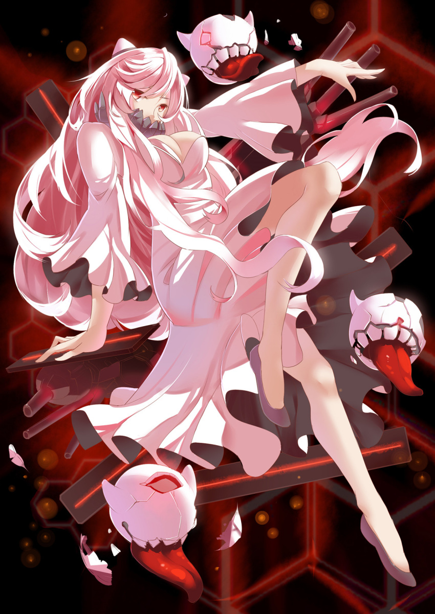1girl breasts covered_mouth dress highres horns kantai_collection long_hair looking_at_viewer midway_hime pale_skin red_eyes shinkaisei-kan solo white_dress white_hair worldless