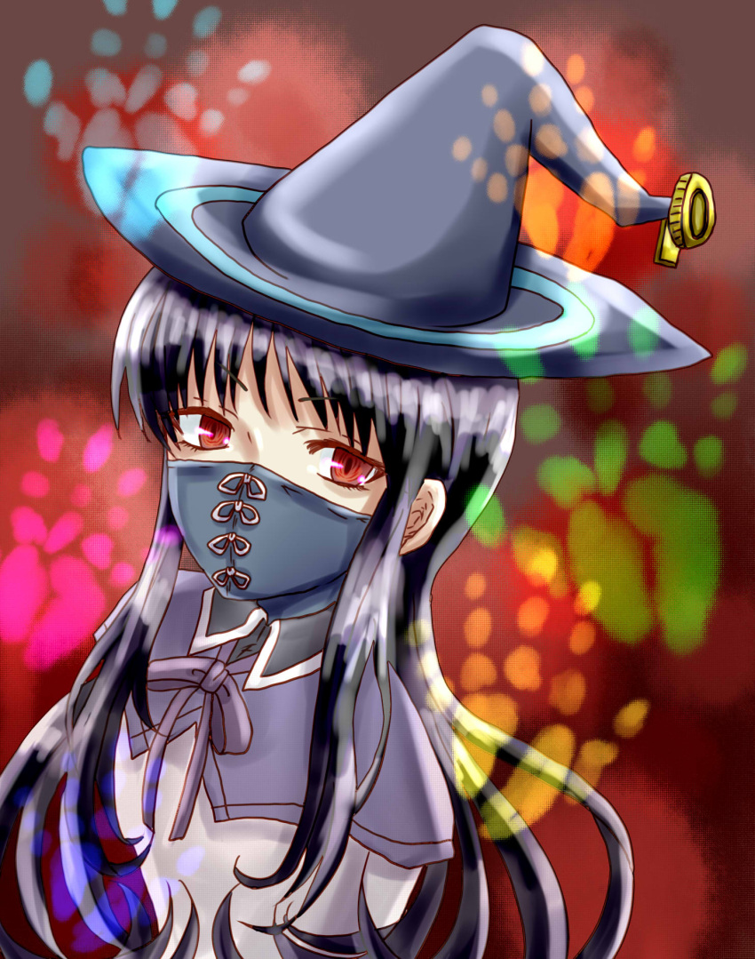 1girl akemi_homura ayukazu black_hair face_mask hat highres homulilly long_hair looking_at_viewer magical_girl mahou_shoujo_madoka_magica mahou_shoujo_madoka_magica_movie mask red_eyes spoilers witch_(madoka_magica) witch_hat