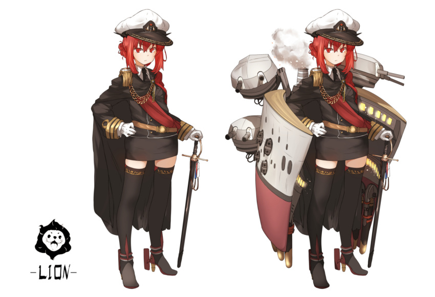 1girl amonitto black_legwear borrowed_character cannon cape gloves hat highres hms_orion_(siirakannu) kantai_collection machinery mecha_musume military military_uniform miniskirt original personification red_eyes redhead sailor_hat shirt skirt solo sword thigh-highs thigh_beads uniform weapon white_gloves zettai_ryouiki