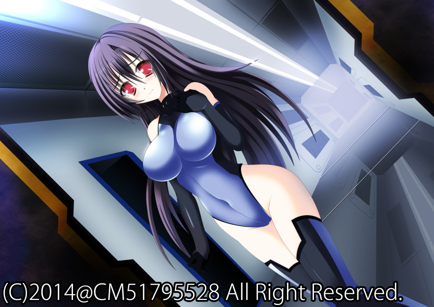 1girl absurdres bare_shoulders blush bodysuit boots breasts ceiling_light cm51795528 covered_navel elbow_gloves embarrassed gloves halterneck hand_on_breast highleg highleg_leotard highres large_breasts lavender_hair leotard long_hair original red_eyes skin_tight solo standing thigh-highs thigh_boots