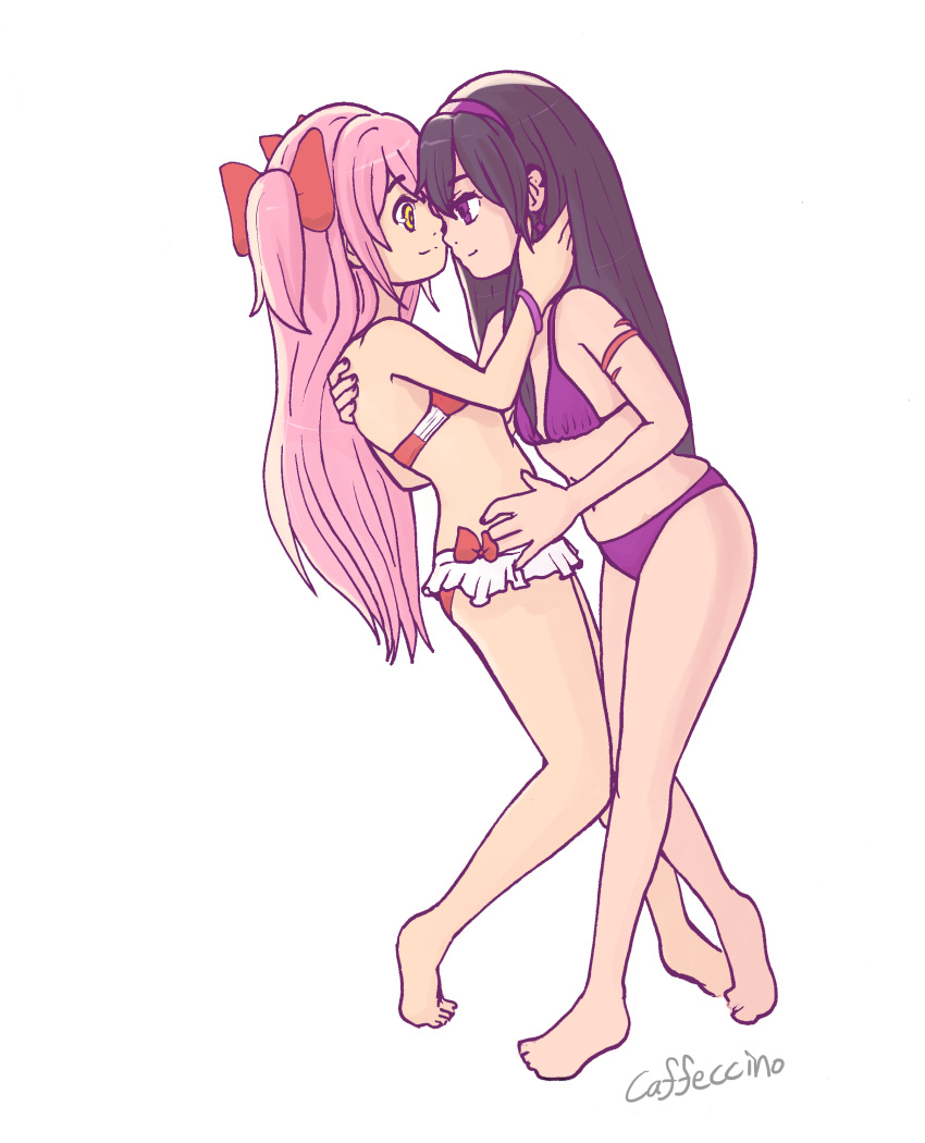 2girls absurdres akemi_homura bikini black_hair bow caffeccino eye_contact goddess_madoka hair_bow hairband hand_on_another's_cheek hand_on_another's_face highres hug incipient_kiss kaname_madoka long_hair looking_at_another mahou_shoujo_madoka_magica multiple_girls pink_hair simple_background swimsuit transparent_background two_side_up very_long_hair violet_eyes yellow_eyes yuri