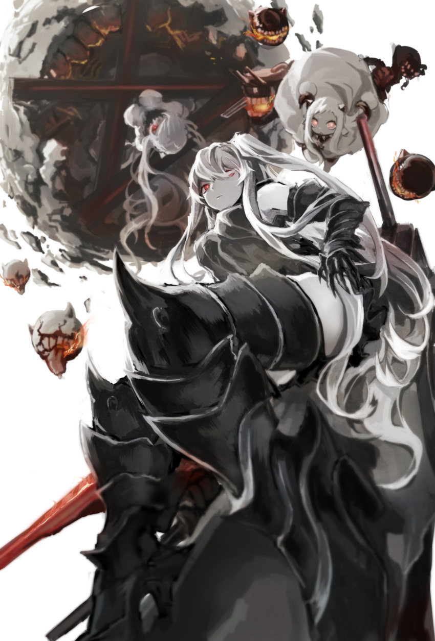 3girls aircraft_carrier_oni armored_boots bare_shoulders black_dress blurry boots dress foreshortening gauntlets gloves hair_over_one_eye highres kantai_collection long_hair looking_at_viewer machinery mephist-pheles midway_hime mittens multiple_girls northern_ocean_hime one_side_up red_eyes sailor_collar sailor_dress shinkaisei-kan thigh-highs thigh_boots very_long_hair white_background white_dress white_gloves white_hair