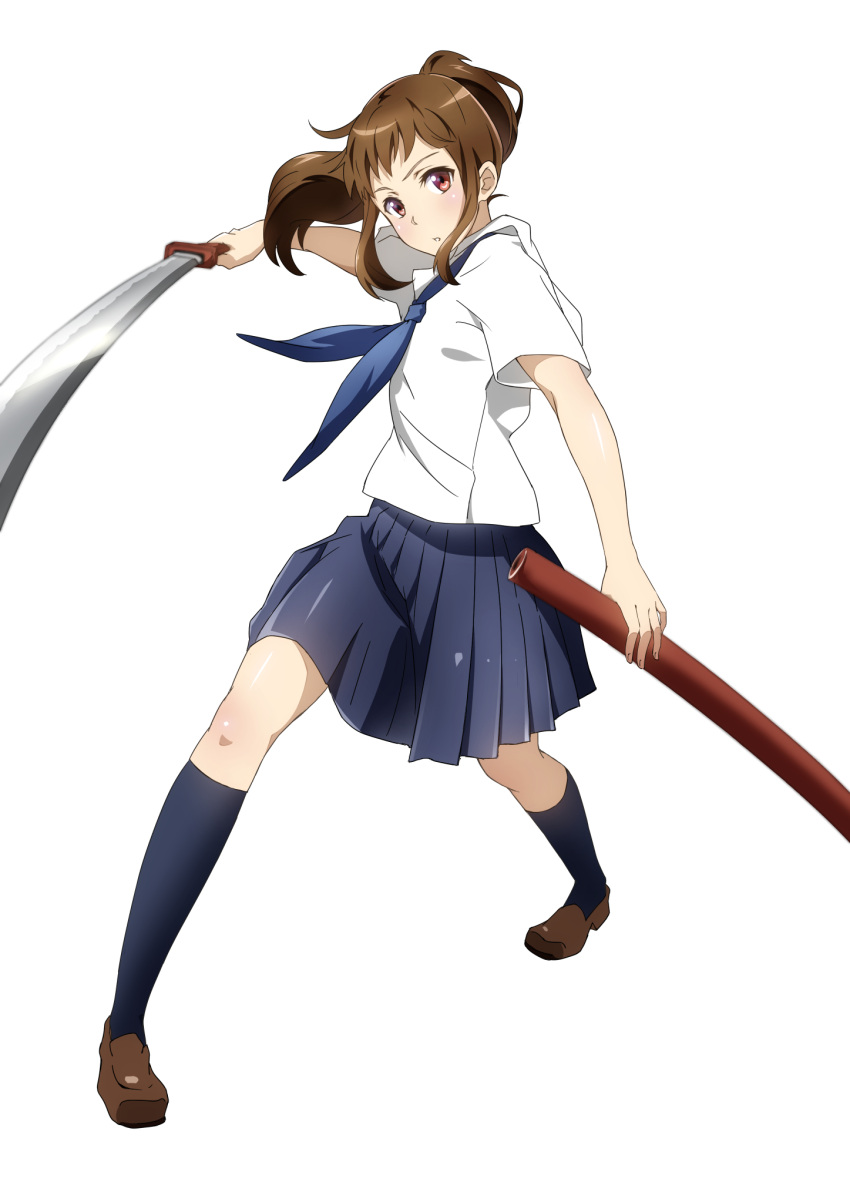 1girl blush brown_eyes brown_hair character_request conone copyright_request highres katana long_hair looking_at_viewer school_uniform serafuku shirt shoes simple_background skirt socks solo standing sword sword_hilt tagme weapon white_background