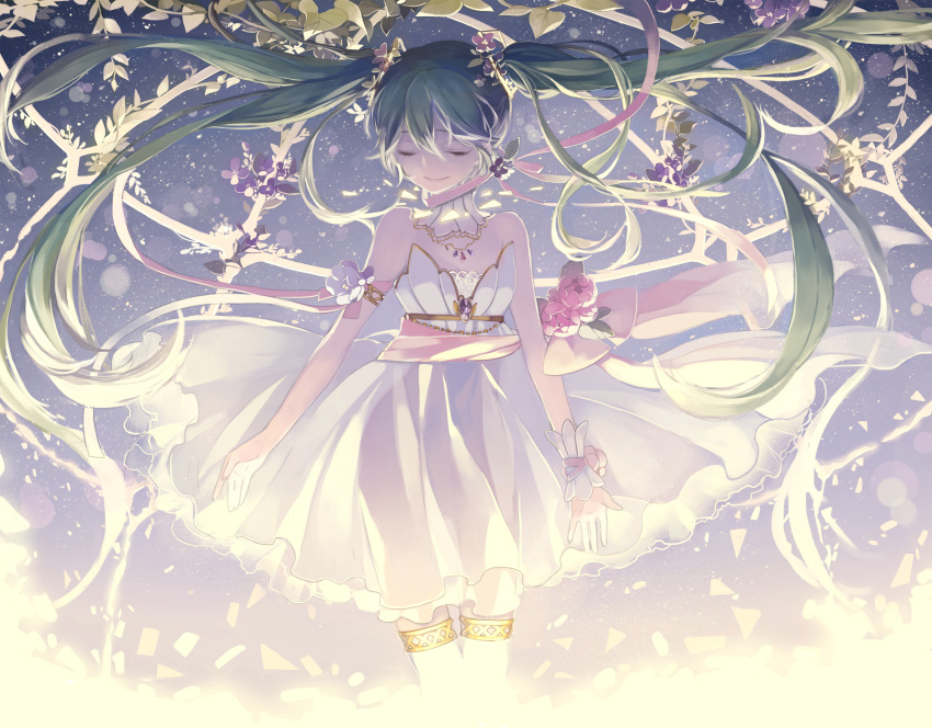 1girl closed_eyes dress green_hair hair_ornament hatsune_miku highres long_hair mig_(36th_underground) ribbon smile solo tagme twintails vocaloid white_dress wind