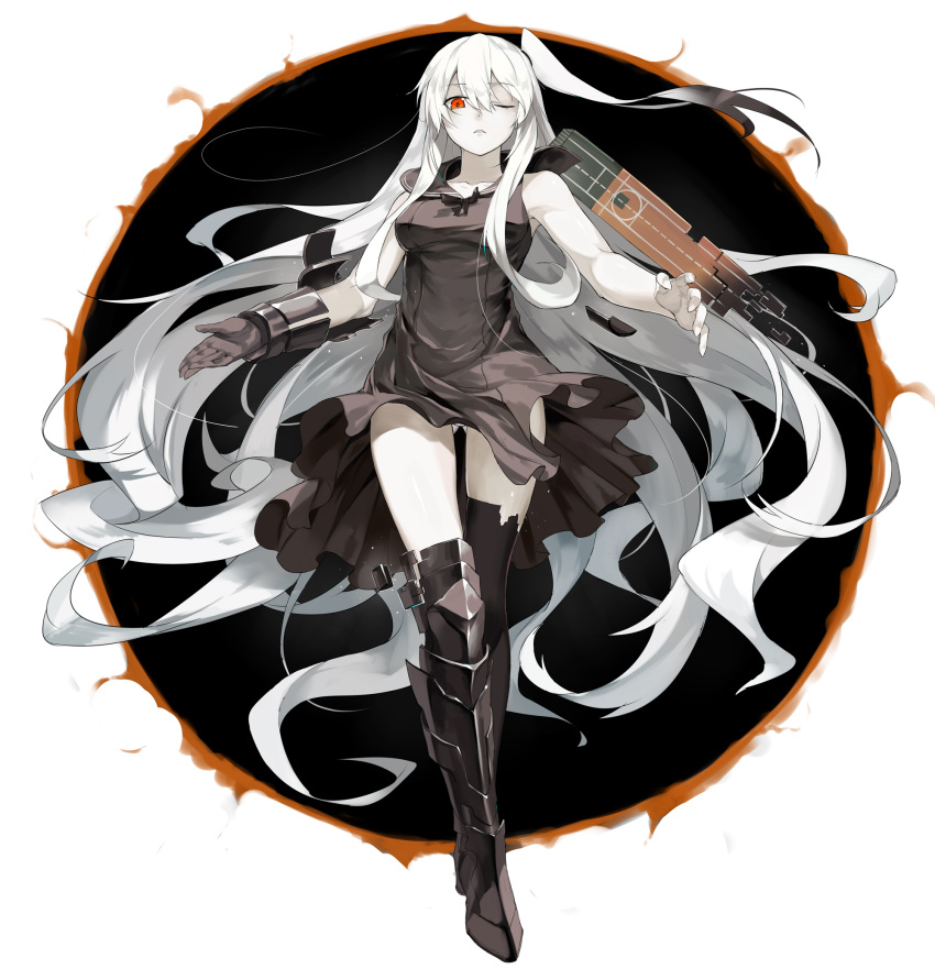 1girl absurdly_long_hair aircraft_carrier_hime bare_shoulders black_dress black_gloves black_legwear dress dress_lift feng_ze flight_deck gloves greaves highres kantai_collection long_hair looking_at_viewer one_eye_closed one_side_up orange_eyes outstretched_arms pale_skin panties pantyshot pantyshot_(standing) sailor_dress school_uniform serafuku shinkaisei-kan side_ponytail single_glove solo standing thigh-highs torn_clothes torn_thighhighs underwear very_long_hair white_hair white_panties white_skin