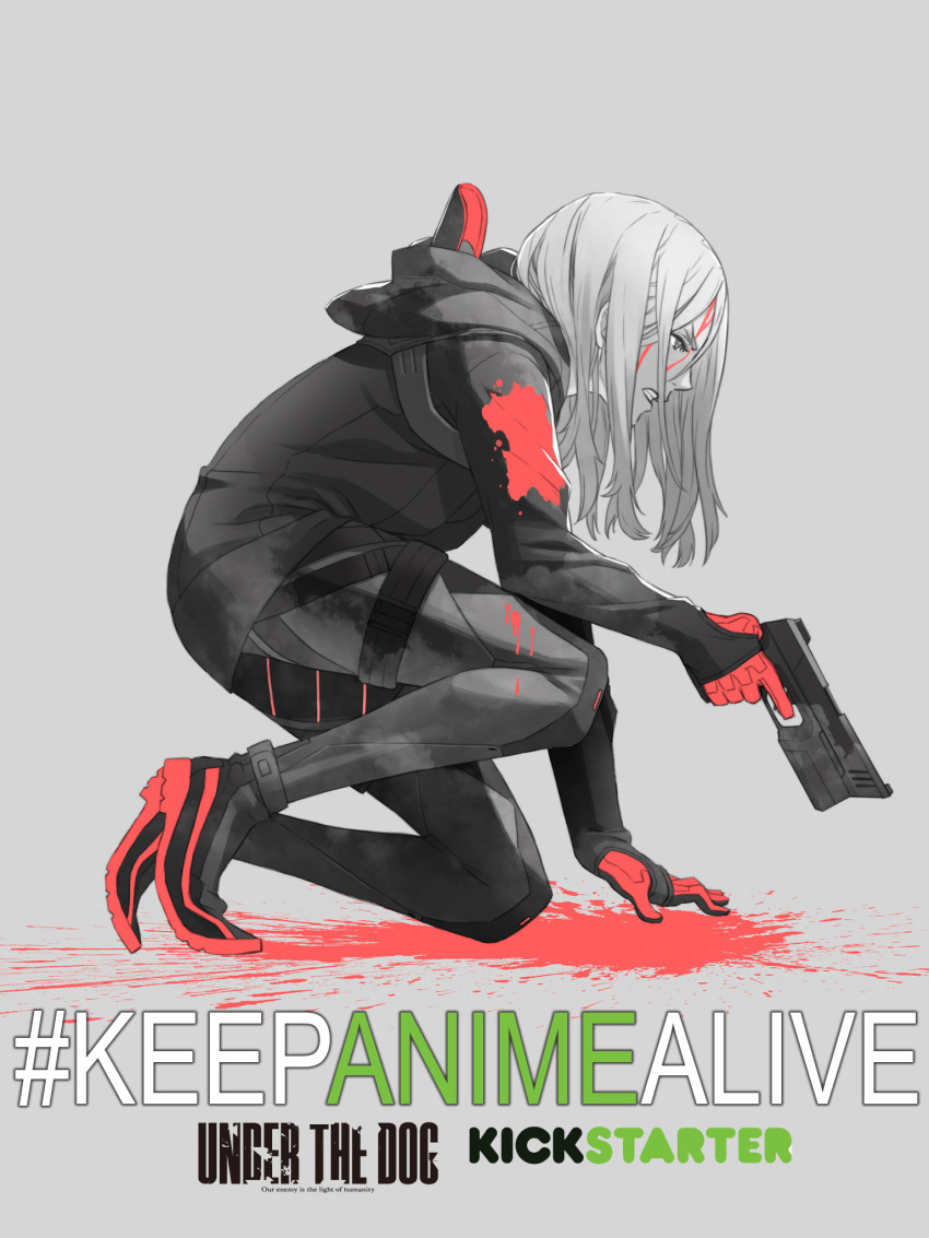 1girl anthea_kallenberg arm_support artist_request blood commentary copyright_name english grey_background gun hashtag highres hood_down kickstarter kneeling long_hair official_art parted_lips simple_background solo spot_color tagme under_the_dog wallpaper weapon