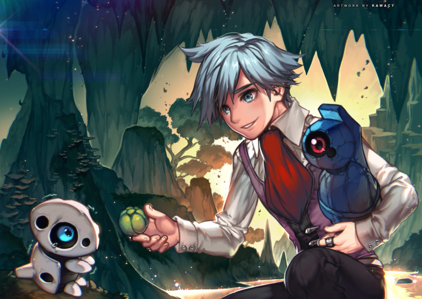 1boy aron artist_name ascot beldum berries blue_eyes kawacy nature pokemon pokemon_(creature) pokemon_(game) pokemon_oras short_hair silver_hair smile squatting stalactite tsuwabuki_daigo vest