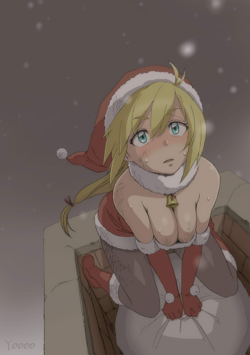 1girl aqua_eyes bell boots breasts chimney christmas cleavage dirty fur_trim hair_between_eyes hat highres long_hair looking_up original pantyhose santa_hat snow solo sweat yooo