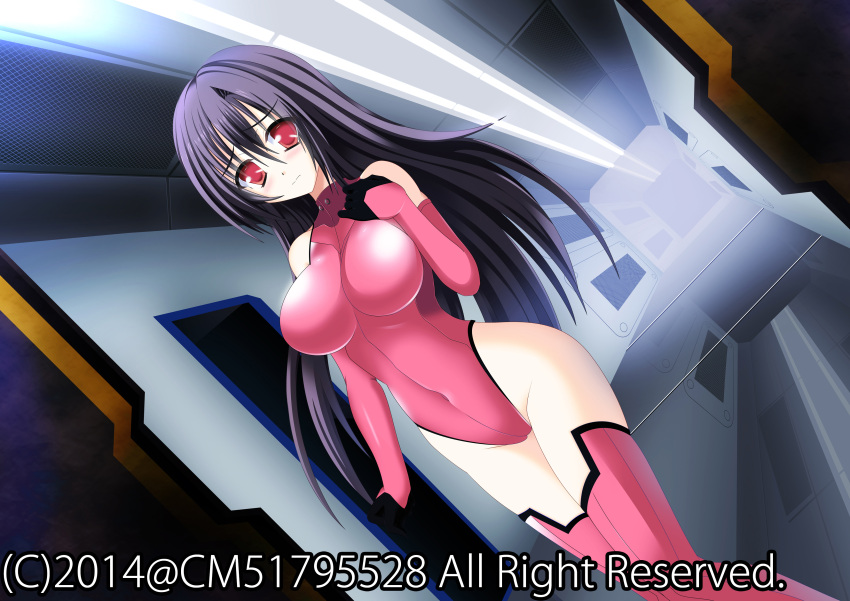 1girl absurdres bare_shoulders blush bodysuit boots breasts ceiling_light cm51795528 covered_navel elbow_gloves embarrassed gloves halterneck hand_on_breast highleg highleg_leotard highres large_breasts lavender_hair leotard long_hair original red_eyes skin_tight solo standing thigh-highs thigh_boots