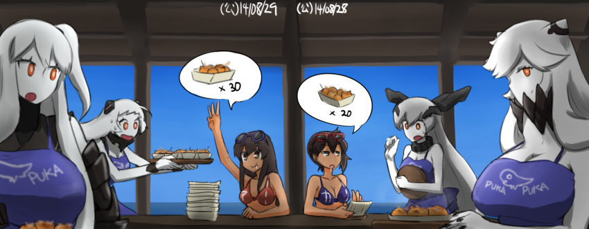 6+girls :t aircraft_carrier_oni airfield_hime akagi_(kantai_collection) anchorage_oni apron armor beach_house bikini_top black_hair breasts brown_eyes brown_hair drooling hamu_koutarou highres horns kaga_(kantai_collection) kantai_collection large_breasts long_hair looking_at_viewer midway_hime multiple_girls open_mouth pale_skin red_eyes saliva shinkaisei-kan side_ponytail sunglasses sunglasses_on_head sweatdrop takoyaki white_hair