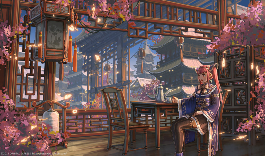 1girl :d architecture bespin black_legwear chair east_asian_architecture lampion long_hair long_sleeves looking_at_viewer open_mouth original pink_eyes pink_hair pleated_skirt scenery sitting skirt smile solo table tagme thigh-highs twintails wide_sleeves zettai_ryouiki