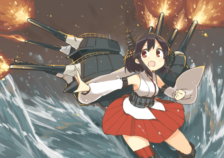 1girl absurdres black_hair detached_sleeves exrail hair_ornament highres kantai_collection looking_at_viewer machinery nontraditional_miko open_mouth pleated_skirt red_eyes short_hair skirt solo tagme turret yamashiro_(kantai_collection)