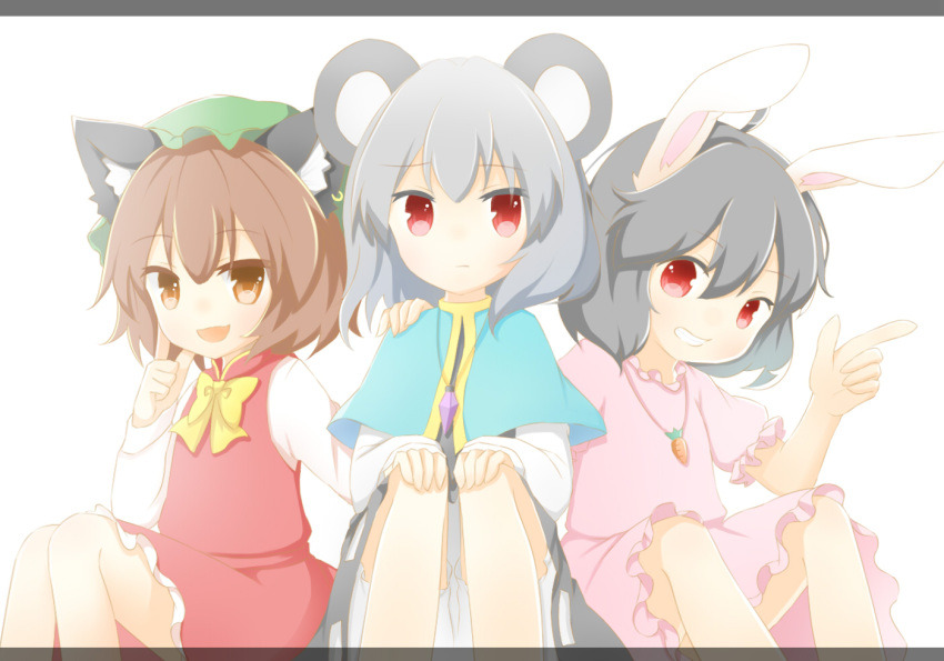 3girls animal_ears black_hair bow brown_eyes brown_hair capelet carrot_necklace cat_ears chen dress earrings ellipsis_(mitei) grey_hair grin hat inaba_tewi jewelry letterboxed looking_at_viewer mouse_ears multiple_girls nazrin pendant pointing rabbit_ears red_eyes short_hair smile touhou
