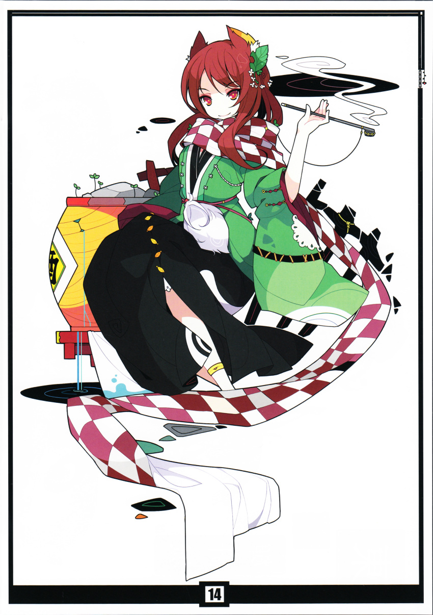 1girl absurdres adapted_costume alternate_costume animal_ears brown_hair checkered flower futatsuiwa_mamizou futatsuiwa_mamizou_(human) hair_flower hair_ornament highres ideolo leaf leaf_on_head long_hair long_sleeves looking_at_viewer no_glasses pipe pom_pom_(clothes) raccoon_ears red_eyes scan scarf shirt simple_background skirt solo touhou vest water white_background wide_sleeves