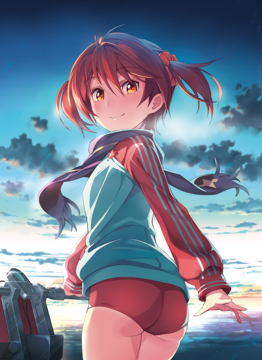 1girl absurdres ass blush brown_hair buruma clouds highres isshiki_akane looking_at_viewer looking_back michairu scarf scrunchie short_hair sky smile solo track_jacket twintails vividred_operation yellow_eyes
