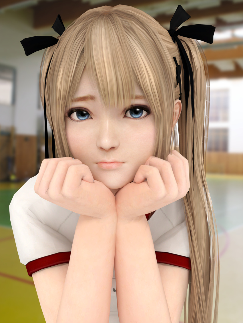 1girl 3d blonde_hair blue_eyes blurry chin_rest clenched_hands close-up dead_or_alive dead_or_alive_5 depth_of_field eyelashes face gym_uniform hair_ribbon hands_on_own_face highres indoors looking_at_viewer marie_rose pout pov pov_eye_contact ribbon shirt short_sleeves solo twintails white_shirt zizi_(blueseeker93)