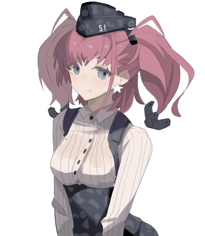 1girl absurdres atlanta_(kancolle) black_headwear black_skirt blush brown_hair buttons closed_mouth collared_shirt earrings garrison_cap grey_eyes hat high-waist_skirt highres jewelry kantai_collection long_hair long_sleeves shirt simple_background skirt smile solo star_(symbol) star_earrings suspender_skirt suspenders two_side_up umi_owl upper_body white_background white_shirt