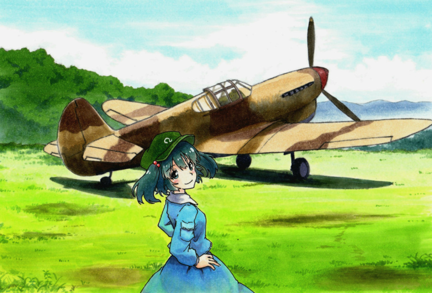 1girl aircraft airplane aqua_eyes aqua_hair blue_eyes bush clouds cloudy_sky field from_behind grass hair_bobbles hair_ornament hands_on_hips hat il-2 kawashiro_nitori long_sleeves looking_back open_mouth propeller shiratama_(hockey) shirt skirt sky smile solo touhou traditional_media twintails