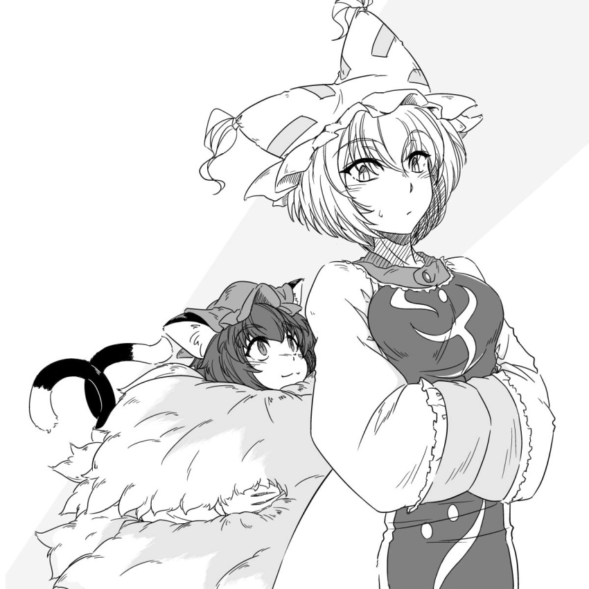 2girls animal_ears breasts cat_ears cat_tail chen fox_tail hat highres monochrome multiple_girls multiple_tails slit_pupils sunatoshi tail touhou translation_request yakumo_ran