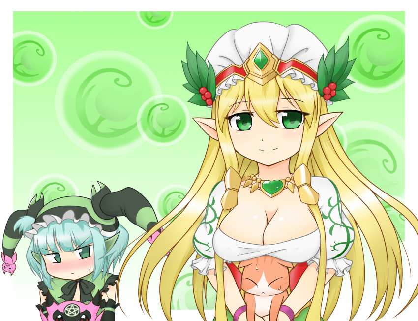 2girls animal aqua_eyes aqua_hair astaroth_(p&amp;d) berries blonde_hair blush bow breast_envy breast_hold breasts cat cleavage demon_girl demon_horns female freyja_(p&amp;d) frills green_bow green_eyes hairband hat highres holding holding_animal horns jester_cap jewelry large_breasts leaf long_hair looking_at_another multiple_girls necklace orb pointy_ears puffy_short_sleeves puffy_sleeves puzzle_&amp;_dragons short_hair short_sleeves smile striped sweatdrop wristband yasai_(so_zo23)