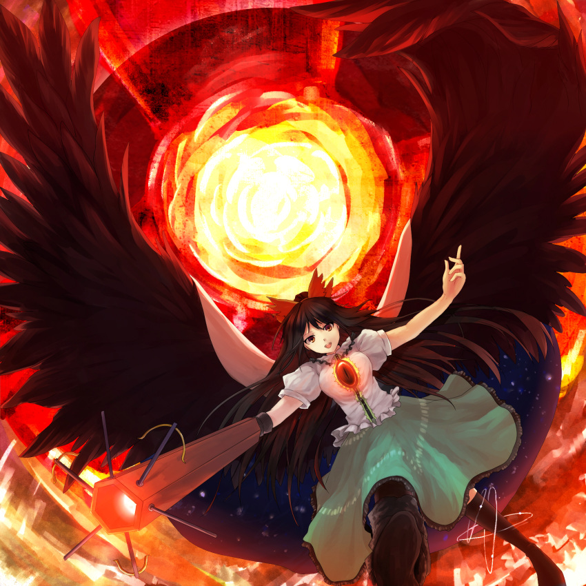 1girl brown_hair cape fire highres long_hair open_mouth outstretched_arms red_eyes reiuji_utsuho smile solo sun touhou wings woven_(arutemisut)