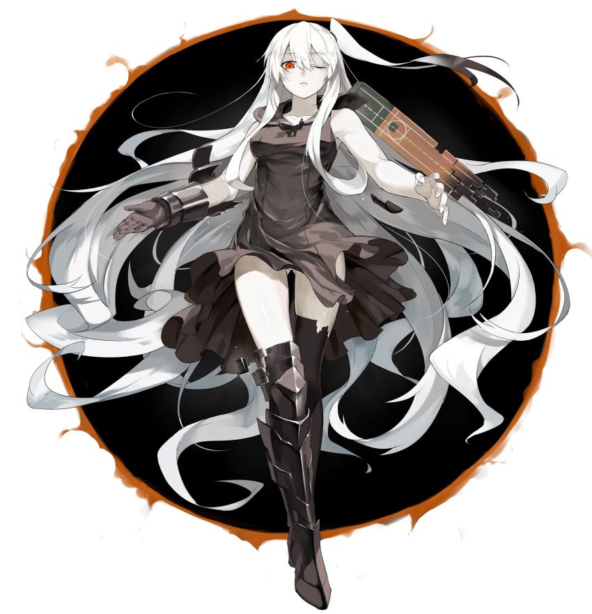 1girl absurdly_long_hair aircraft_carrier_hime bare_shoulders black_dress black_gloves black_legwear dress dress_lift feng_ze flight_deck gloves greaves highres kantai_collection long_hair looking_at_viewer one_eye_closed one_side_up orange_eyes outstretched_arms pale_skin panties pantyshot pantyshot_(standing) revision sailor_dress school_uniform serafuku shinkaisei-kan side_ponytail single_glove solo standing thigh-highs torn_clothes torn_thighhighs underwear very_long_hair white_hair white_panties white_skin