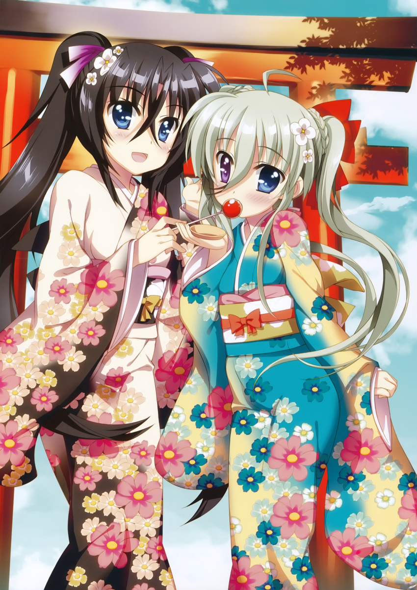 2girls :d absurdres black_hair blush candy einhart_stratos floral_print flower fujima_takuya green_eyes green_hair hair_flower hair_ornament hair_ribbon heterochromia highres japanese_clothes kimono long_hair lyrical_nanoha mahou_shoujo_lyrical_nanoha_vivid multiple_girls official_art open_mouth ribbon sieglinde_jeremiah smile torii twintails very_long_hair violet_eyes yukata