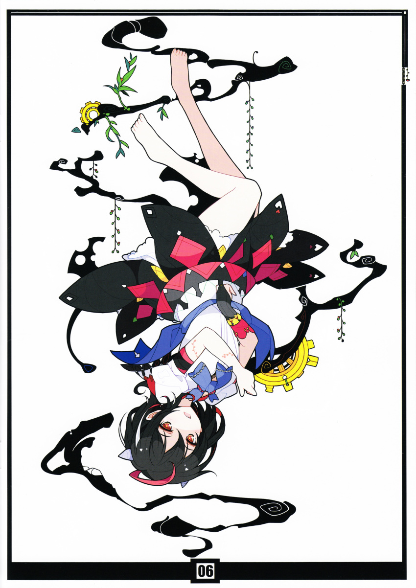 1girl absurdres adapted_costume alternate_costume barefoot black_hair bow dress full_body gloves highres horns ideolo kijin_seija looking_at_viewer multicolored_hair open_mouth puffy_sleeves red_eyes redhead ribbon sash scan short_hair short_sleeves simple_background solo touhou upside-down white_background white_hair