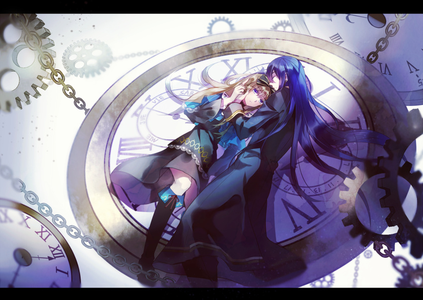 1boy 1girl alice_liddell blue_eyes blue_hair boots bow brown_hair capelet chain clock closed_eyes couple dress earrings gears hair_bow hands_on_another's_face heart_no_kuni_no_alice highres holding_hands jewelry julius_monrey letterboxed long_hair pants robe sleeping very_long_hair