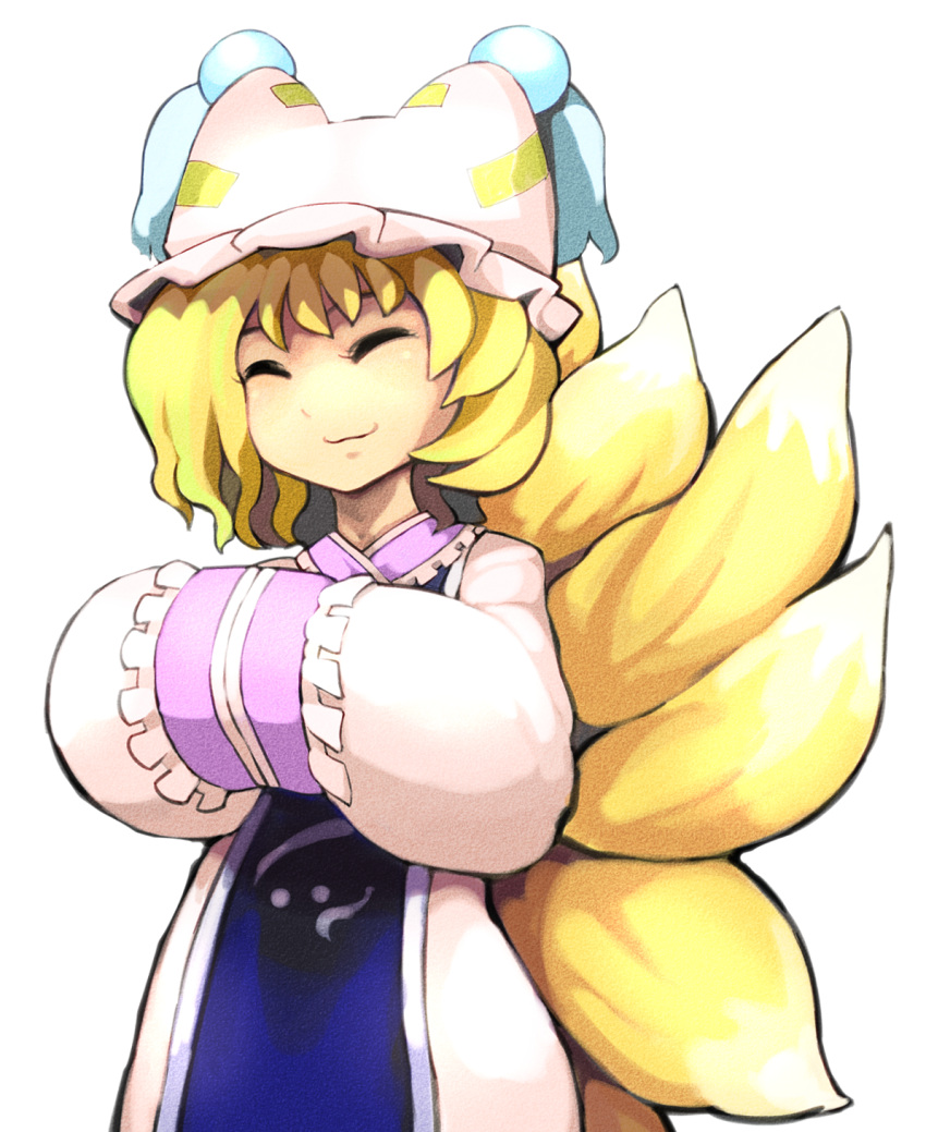 1girl :3 animal_ears blonde_hair blush closed_eyes dress fox_ears fox_tail frills hands_together hat highres hospital_king long_sleeves mob_cap multiple_tails short_hair sleeves_past_wrists smile solo tabard tail touhou white_dress yakumo_ran
