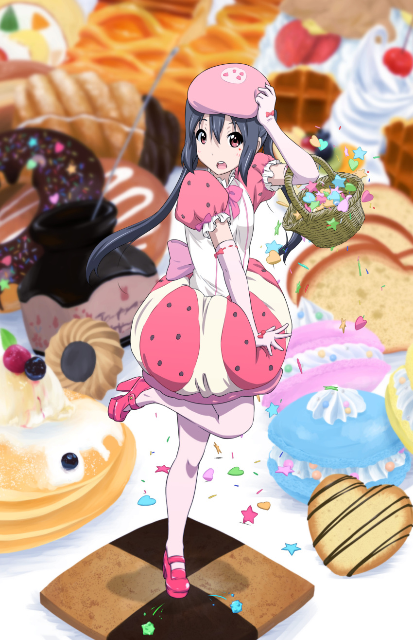 1girl :o absurdres basket black_hair cake cookie elbow_gloves food food_themed_clothes gloves hat heart highres k-on! leg_up macaron minigirl nakano_azusa oku_no_shi pancake pink_gloves pink_legwear red_eyes solo standing_on_one_leg star twintails waffle