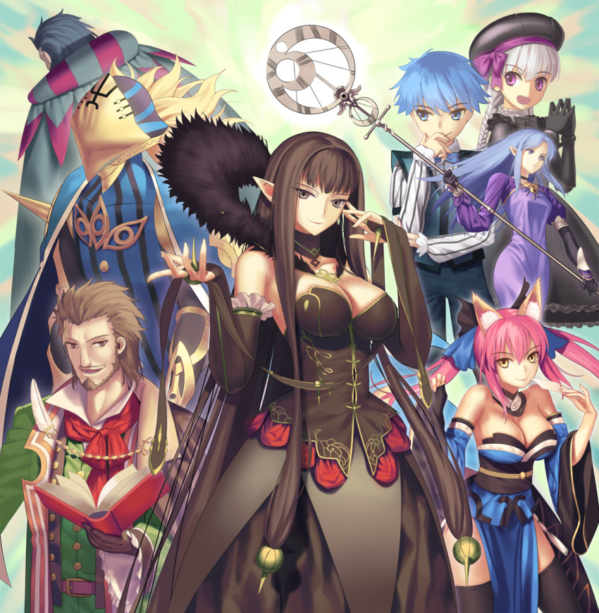 4boys 4girls alice_(fate/extra) animal_ears assassin_of_red bare_shoulders black_eyes black_gloves black_hair black_legwear blue_eyes blue_hair book braid breasts bridal_gauntlets brown_eyes brown_hair caster caster_(fate/extra) caster_(fate/extra_ccc) caster_(fate/zero) caster_of_black caster_of_red covering_mouth detached_sleeves dress fate/apocrypha fate/extra fate/extra_ccc fate/stay_night fate/zero fate_(series) fur_trim gloves hand_over_own_mouth hat highres looking_at_viewer multiple_boys multiple_girls open_mouth pink_hair pointy_ears short_hair silver_hair staff thigh-highs tsukikanade twin_braids twintails yellow_eyes