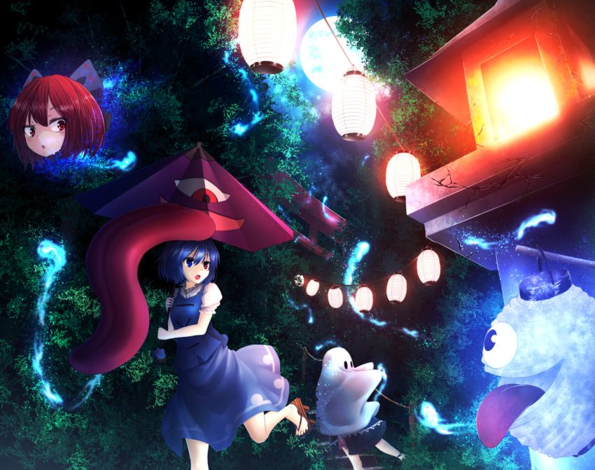 3girls blue_eyes bow chouchin_obake flying forest full_moon ghost_costume hair_bow head heterochromia highres juji lantern magic miyako_yoshika moon multiple_girls nature night paper_lantern red_eyes redhead sekibanki short_hair skirt stairs tatara_kogasa tongue tongue_out touhou vest youkai