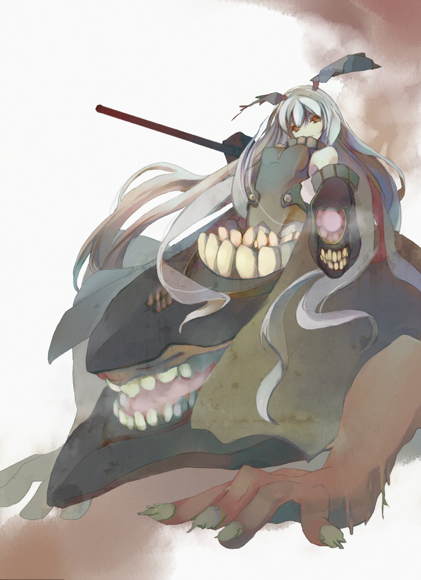 1girl absurdly_long_hair absurdres aiming_at_viewer anchorage_oni arm_cannon bare_shoulders hair_ornament highres kantai_collection light_smile long_hair looking_at_viewer machinery murakami_mame no_nose orange_eyes shinkaisei-kan silver_hair sleeveless solo teeth turret very_long_hair weapon white_skin