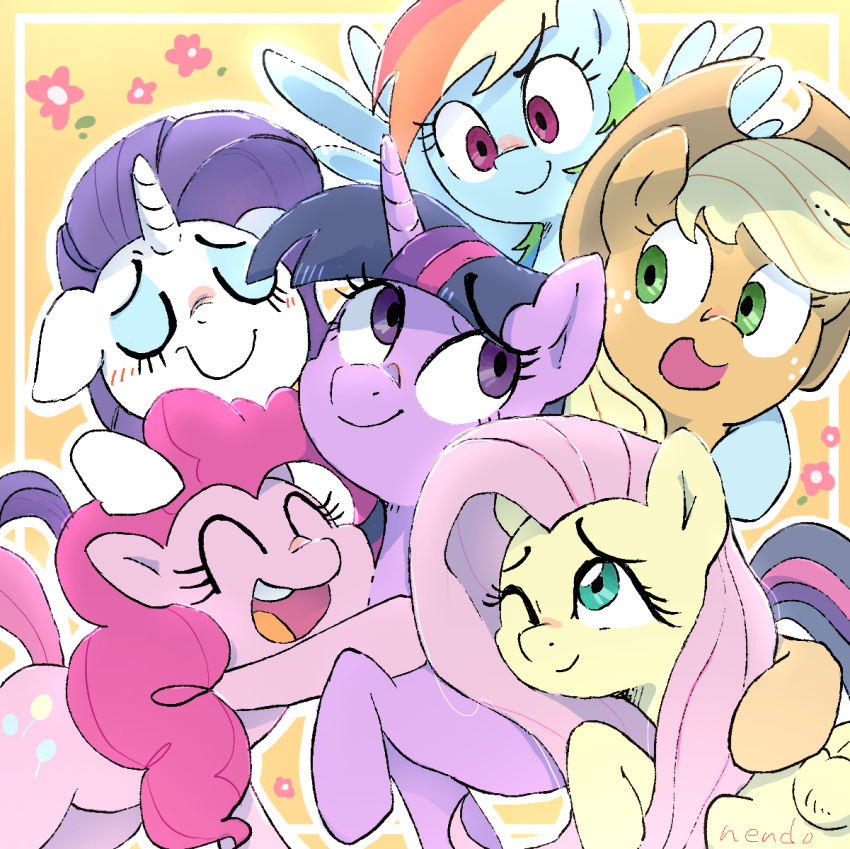 6girls applejack artist_request blonde_hair blue_body closed_eyes cutie_mark eyebrows_visible_through_hair eyelashes feathered_wings female flower fluttershy fuyugi green_eyes happy hasbro hat hug hugging long_hair looking_ahead looking_at_another looking_at_viewer looking_away looking_to_the_side looking_up mane multicolored_hair multiple_girls my_little_pony my_little_pony_friendship_is_magic no_humans open_mouth orange_background pegasus pink_body pink_hair pinkie_pie pony purple_hair rainbow_dash rainbow_hair rarity simple_background single_horn smile standing streaked_hair tail twilight_sparkle two-tone_background unicorn upper_teeth_only violet_eyes white_body wings