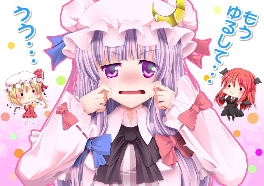 &gt;:3 3girls :3 bat_wings blonde_hair blush bow bust cheek_pinching chibi colored_eyelashes crescent eyelashes face flandre_scarlet fule hair_bow hat head_wings highres koakuma mukyuu multiple_girls open_mouth patchouli_knowledge pinching purple_hair redhead simple_background smile tears touhou translation_request violet_eyes wince wings