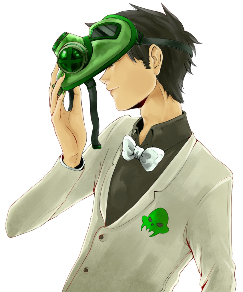 1boy black_hair bow bowtie chalaite formal gas_mask green_eyes hand_on_hip highres homestuck jake_english short_hair skull smile solo suit taking_off white_background