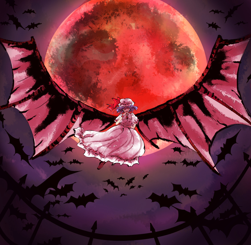 1girl absurdres bat bat_wings blood blood_in_mouth bloody_hands dress fangs full_moon hat hat_ribbon highres large_wings lavender_hair mob_cap moon natsuno_(ggqqgg) night puffy_short_sleeves puffy_sleeves red_eyes red_moon remilia_scarlet ribbon ribbon-trimmed_clothes ribbon_trim short_hair short_sleeves touhou wings