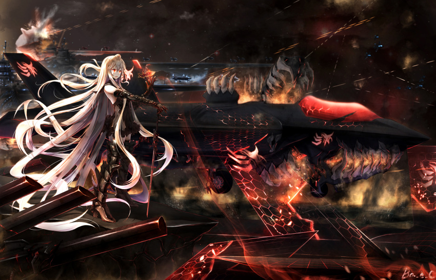 1girl aircraft_carrier aircraft_carrier_oni airplane armored_boots bare_shoulders battle black_dress boots boyogo dress explosion gauntlets highres jet kantai_collection long_hair night night_sky one_side_up pale_skin red_eyes sailor_collar sailor_dress shinkaisei-kan sky thigh-highs thigh_boots very_long_hair white_hair